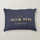 Modern Script Gold Mr and Mrs Newlyweds Gift Accent Pillow<br><div class="desc">This modern calligraphy Mr Mrs throw pillow personalized with the couple's last name, and wedding year! Golden text looks bright and festive against dark navy background. You can change the background colour to any other colour, but it's better to choose a dark one so that the text is clearly visible....</div>