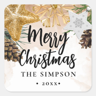 Modern Script Gold Ornaments Merry Christmas Square Sticker
