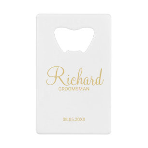 Modern Script Gold Personalized Groomsman Credit Card Bottle Opener