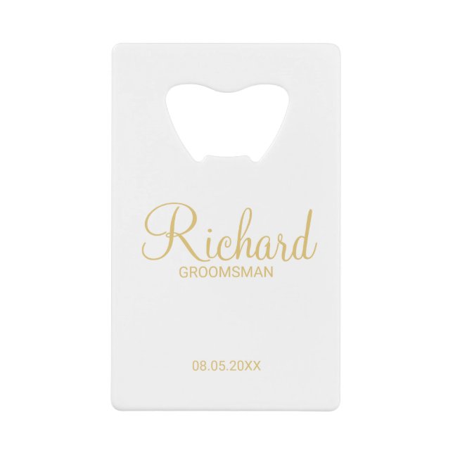Modern Script Gold Personalized Groomsman Credit Card Bottle Opener (Front)