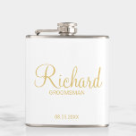 Modern Script Gold Personalized Groomsman Hip Flask<br><div class="desc">Modern Gold Personalized Groomsman Gifts featuring personalized groomsman's name in gold modern script font style with title and wedding date in modern sans serif font style. Also perfect for best man, father of the bride, bridesmaid, maid of honour, mother of the bride and more. Please Note: The foil details are...</div>