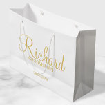 Modern Script Gold Personalized Groomsman Large Gift Bag<br><div class="desc">Modern Gold Personalized Groomsman Gifts featuring personalized groomsman's name in gold modern script font style with title and wedding date in modern sans serif font style. Also perfect for best man, father of the bride, bridesmaid, maid of honour, mother of the bride and more. Please Note: The foil details are...</div>