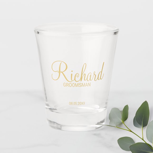 Modern Script Gold Personalized Groomsman Shot Glass (Creator Uploaded)