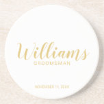 Modern Script Gold Personalized Groomsmen Coaster<br><div class="desc">Modern Script White and Gold Personalized Groomsmen Coaster featuring personalized groomsman's name in gold modern calligraphy font style with title and wedding date in modern sans serif font style on white background. Also perfect for Maid of Honour, Flower Girl, Mother of the Bride, Groomsmen, Best man and more. Please Note:...</div>