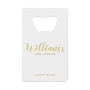 Modern Script Gold Personalized Groomsmen Credit Card Bottle Opener