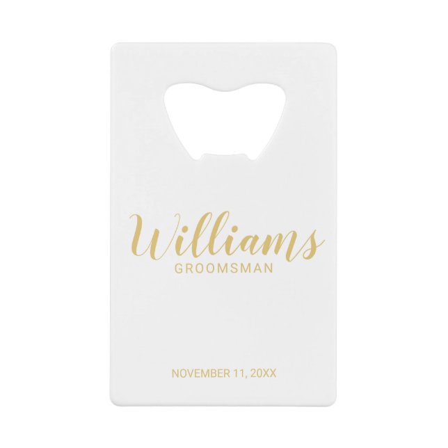 Modern Script Gold Personalized Groomsmen Credit Card Bottle Opener (Front)