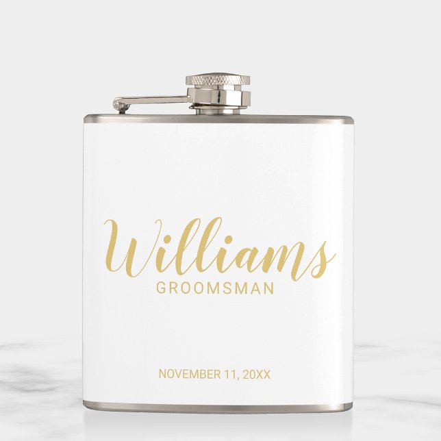Modern Script Gold Personalized Groomsmen Hip Flask (Creator Uploaded)