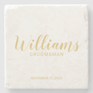 Modern Script Gold Personalized Groomsmen Stone Coaster