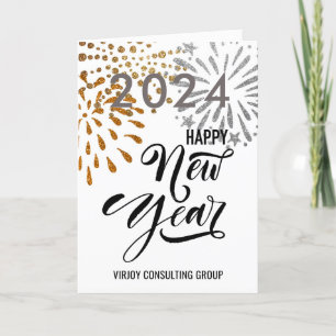 Modern Script Gold Silver Fireworks Business Holiday Card