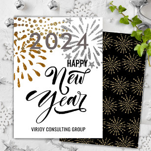 Modern Script Gold Silver Fireworks Business Holiday Card