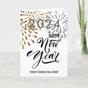 Modern Script Gold Silver Fireworks Business Photo Holiday Card