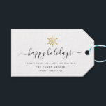Modern Script Gold Snowflake Business Holiday Gift Tags<br><div class="desc">Modern minimalist business holiday gift tag with elegant script calligraphy reading HAPPY HOLIDAYS under a printed golden snowflake. Below is space for your custom message as well as additional space on the back for more detailed greetings.</div>