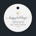Modern Script Gold Snowflake Holiday Business Favour Tags<br><div class="desc">Modern minimalist business holiday gift tag with elegant script calligraphy reading HAPPY HOLIDAYS under a printed golden snowflake. Below is space for your custom message as well as additional space on the back for more detailed greetings.</div>