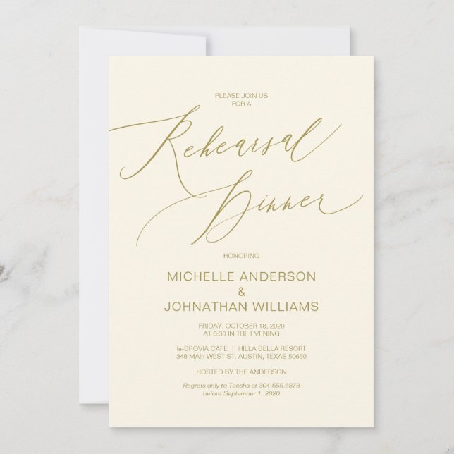 Modern Script, Gold, Wedding Rehearsal Dinner Invitation (Front)