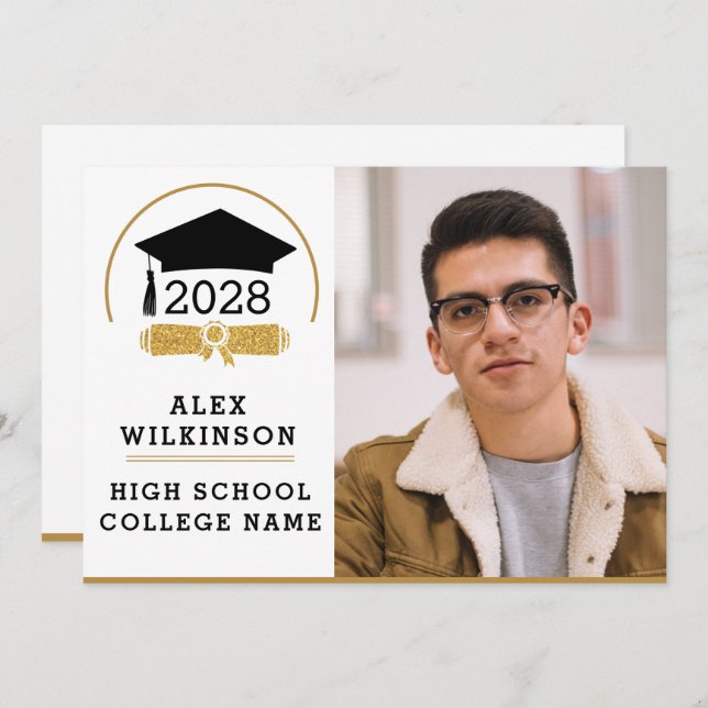 Modern Script Grad Cap Simple Photo Graduation Announcement (Front/Back)