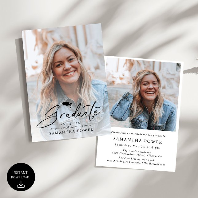 Modern Script  Graduate 2 Photos Graduation Invitation (Creator Uploaded)