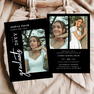 Modern Script Graduate 3 Photo Graduation Invitation