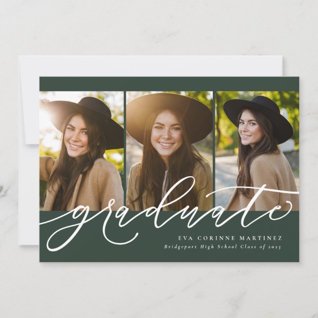 Modern script graduate 3 photo green graduation announcement (Front)