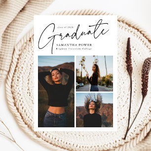 Modern Script  Graduate 3 Photos Graduation Announcement