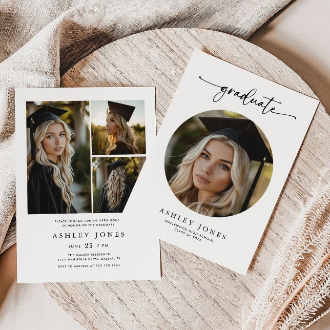 Modern Script Graduate 4 Photo Collage Graduation Invitation (Creator Uploaded)