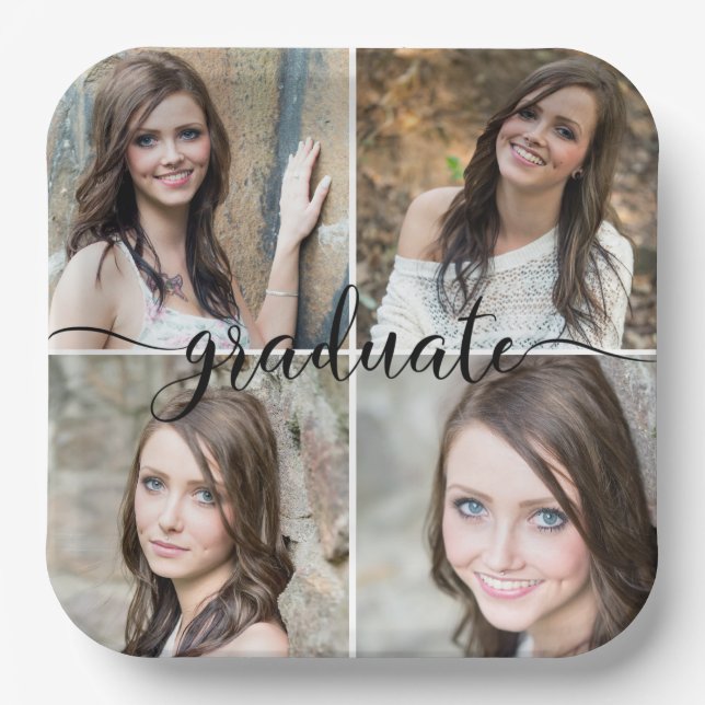 Modern Script GRADUATE 4 Photo Collage Paper Plate (Front)