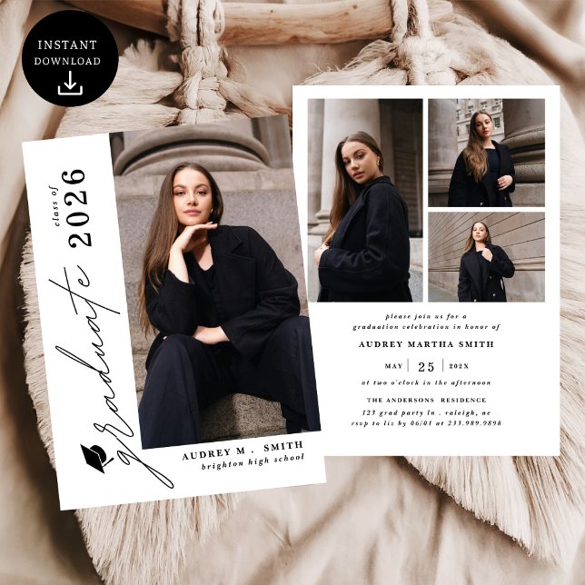 Modern Script Graduate 4 Photo Graduation Invitation (Creator Uploaded)