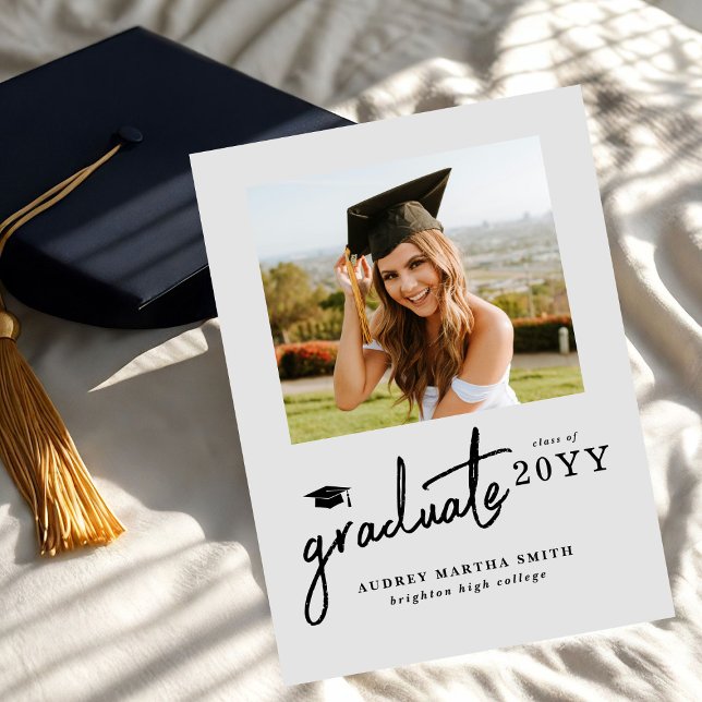 Modern Script Graduate 4 Photo Grey Graduation Invitation (Creator Uploaded)