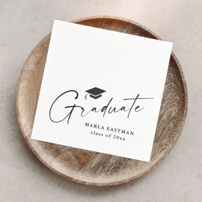 Modern Script Graduate Black and White Graduation  Napkin (Modern elegant script black and white graduation party napkin.)