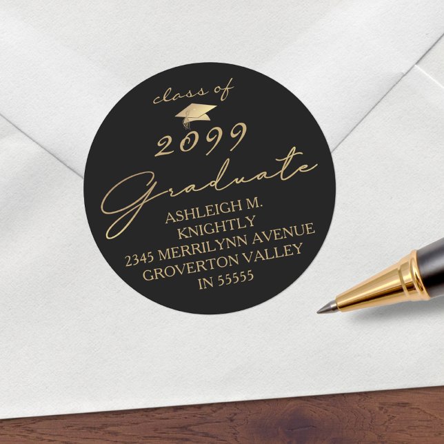 Modern Script Graduate Black Gold Classic Round Sticker (Creator Uploaded)
