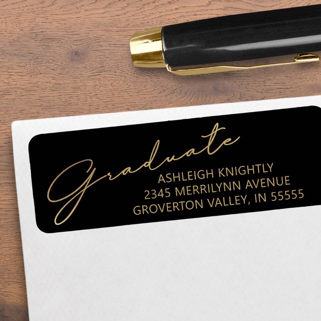 Modern Script Graduate Black Gold Return Address (Creator Uploaded)