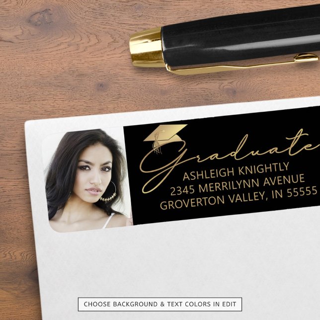 Modern Script Graduate Cap Photo Black Gold (Creator Uploaded)