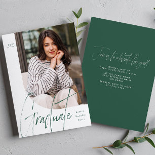 Modern script graduate green one photo graduation invitation