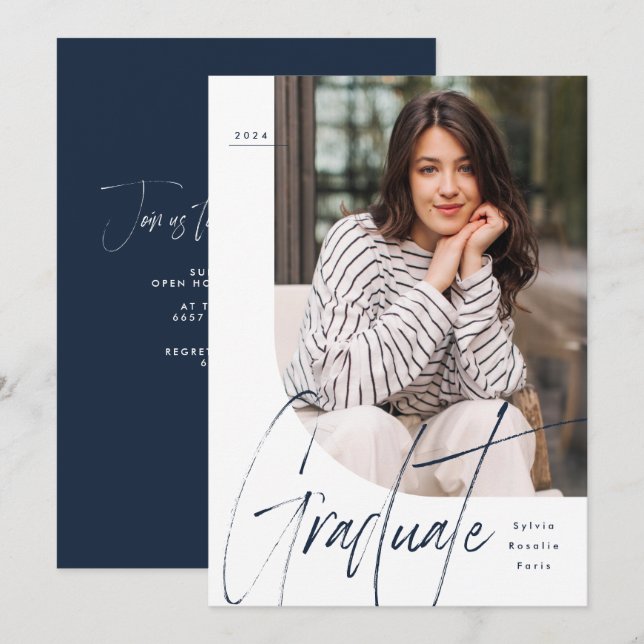 Modern script graduate navy one photo graduation invitation (Front/Back)