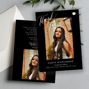Modern script graduate photo black graduation thank you card