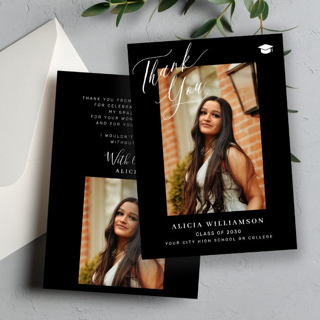 Modern script graduate photo black graduation thank you card (Creator Uploaded)