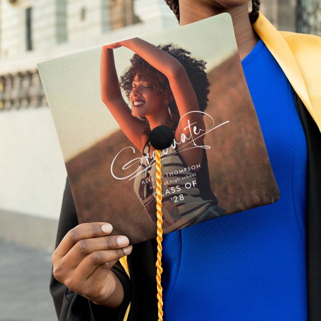 Modern Script Graduate Photo Collage Graduation Cap Topper (Creator Uploaded)