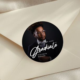 Modern Script Graduate Photo Graduation Classic Round Sticker