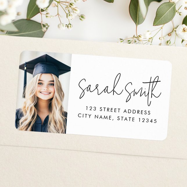 Modern script graduate photo return address label (Modern script graduate photo return address label)