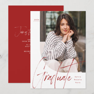 Modern script graduate red one photo graduation invitation