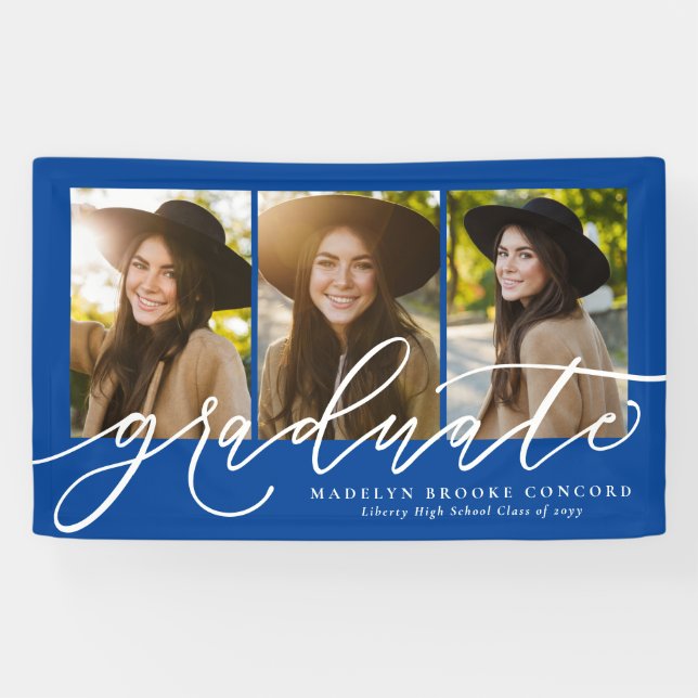 Modern script graduate three photo blue graduation banner (Horizontal)