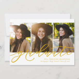 Modern script graduate three photo gold graduation announcement