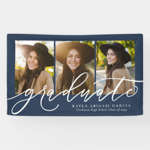 Modern script graduate three photo navy graduation banner