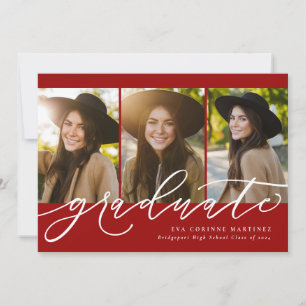Modern script graduate three photo red graduation announcement