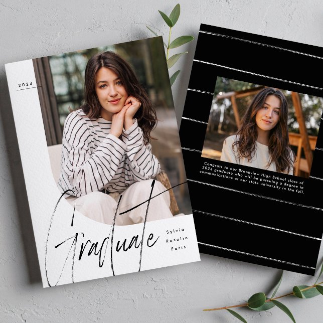 Modern script graduate unique two photo graduation announcement (Creator Uploaded)