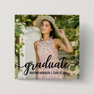 Modern Script Graduation Announcement Photo 2 Inch Square Button