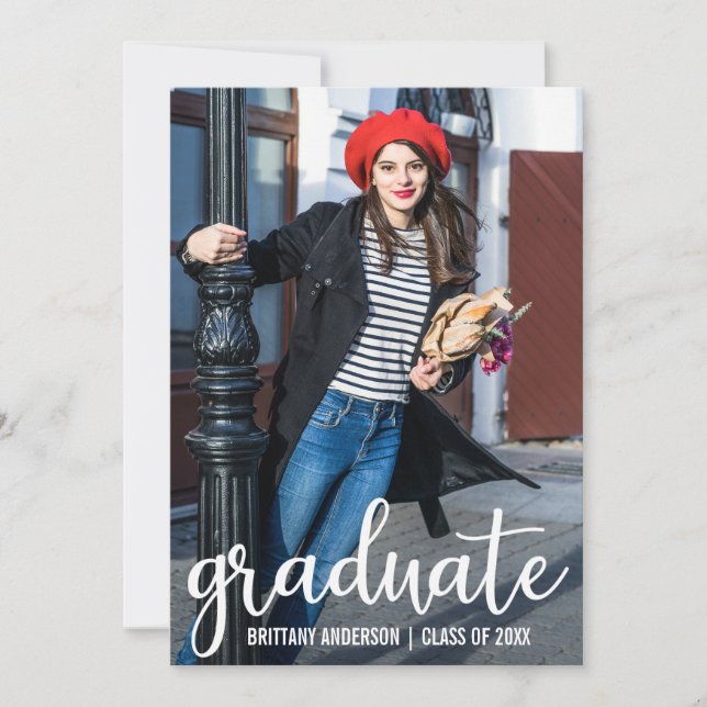 Modern Script Graduation Announcement Photo Card W (Front)