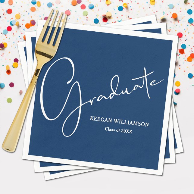 Modern Script Graduation Blue Napkin (Modern white script on blue   graduation party napkins, paper plates in our store)