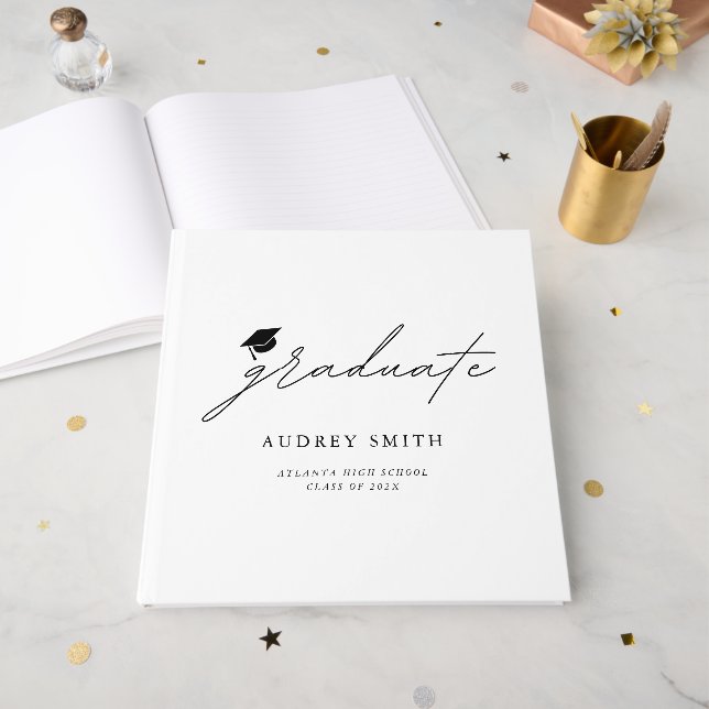 Modern Script Graduation Hat Party Guest Book (Front Open)