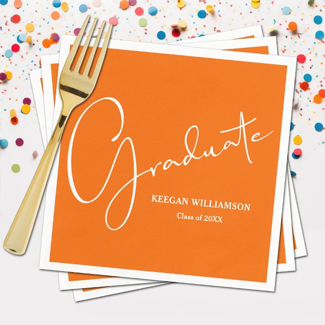 Modern Script Graduation Orange Napkin (Modern white script on orange  graduation party napkins, paper plates in our store)