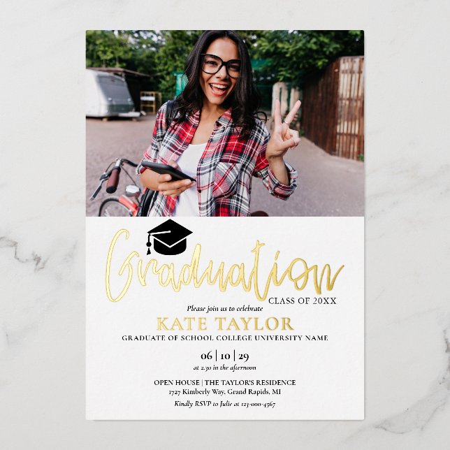 Modern Script Graduation Party 2 Photo Gold (Front)